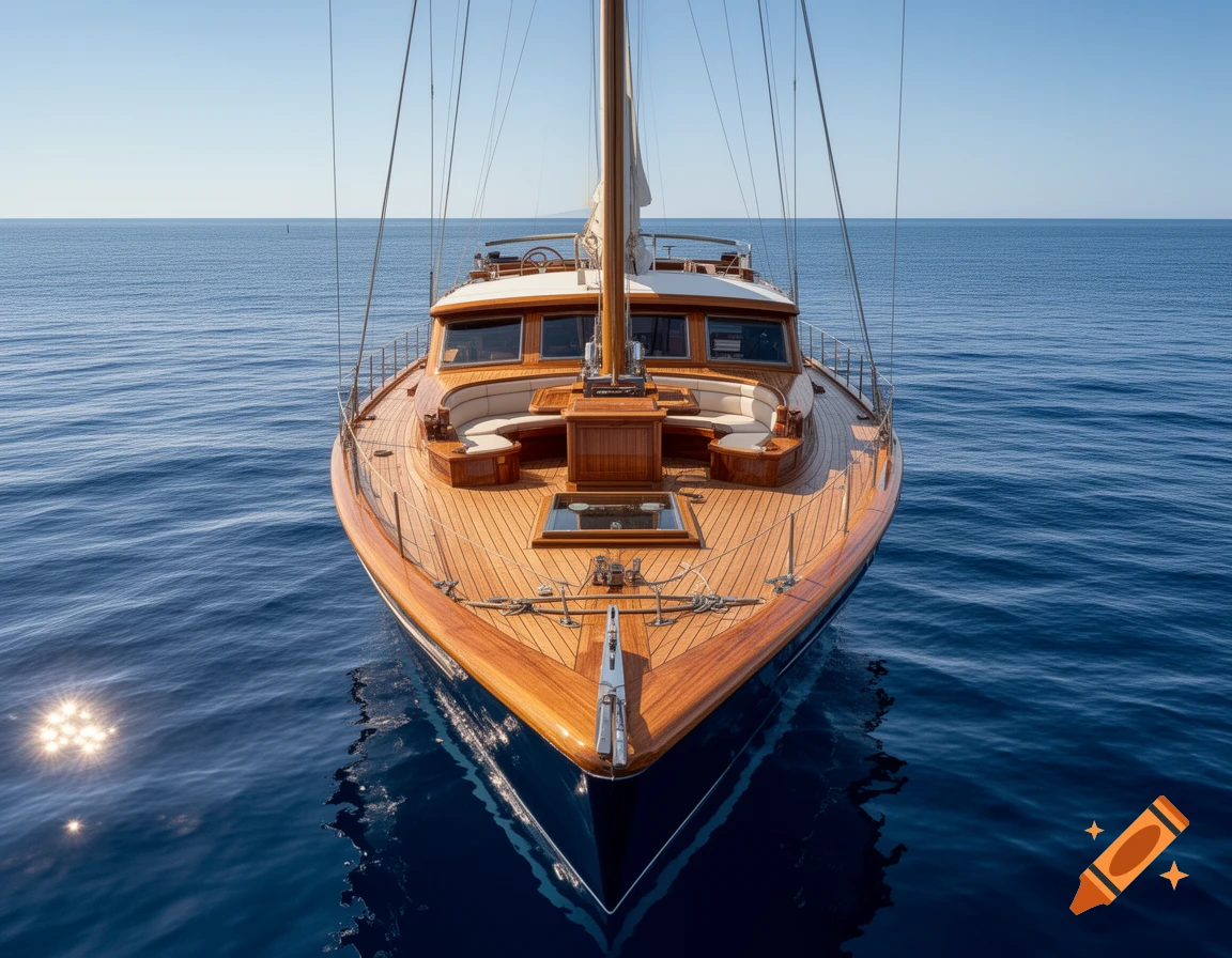 A beautiful wooden sailboat with a blue hull glides across calm blue ocean waters under a clear sky.