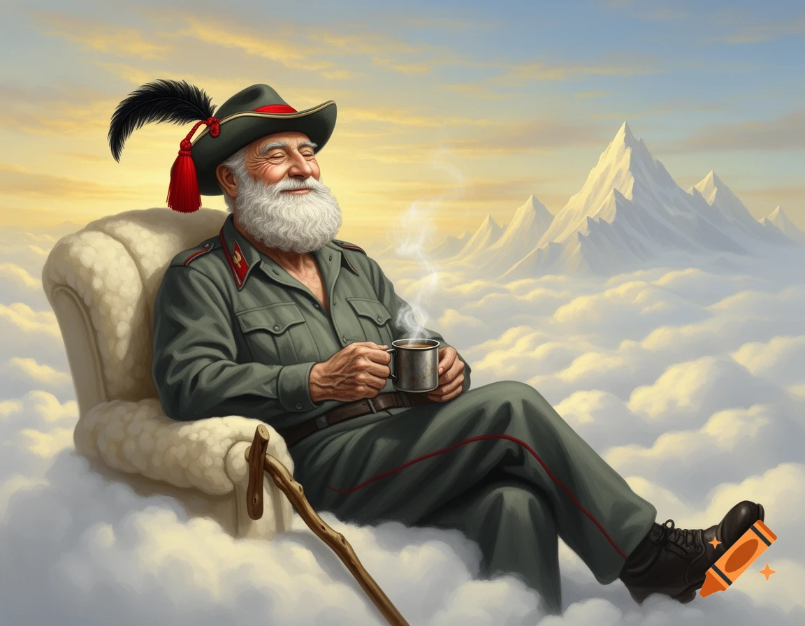 An old man with a white beard and an Alpine hat sits comfortably on a cloud, holding a steaming mug. Snowy mountains rise from clouds under a golden sky.