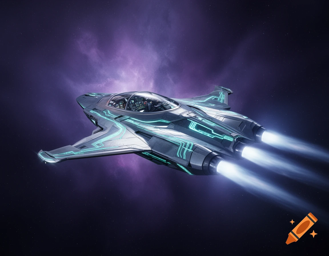 A futuristic sci-fi fighter spaceship with glowing blue accents flies through a purple nebula in deep space.