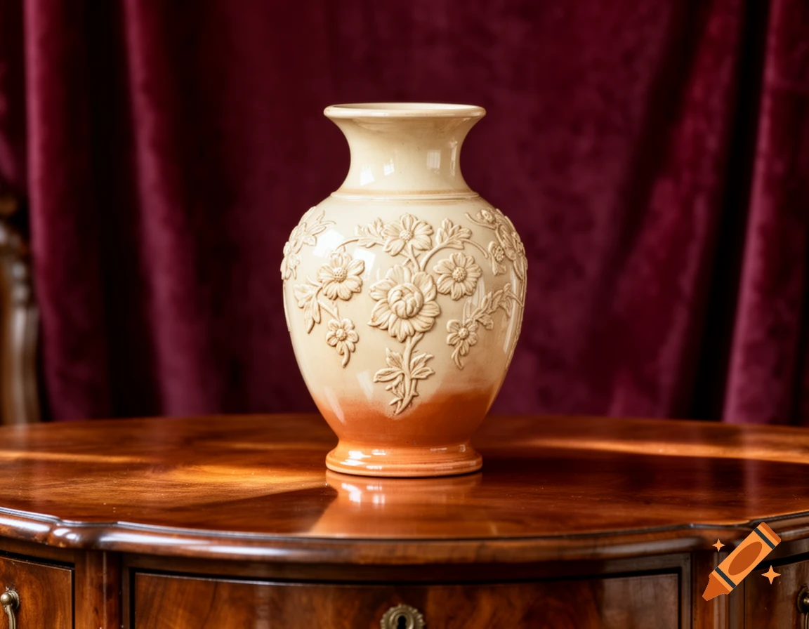 A cream-colored Victorian style vase with embossed floral patterns and an orange base sits on a glossy wooden table in front of a deep red velvet curtain.