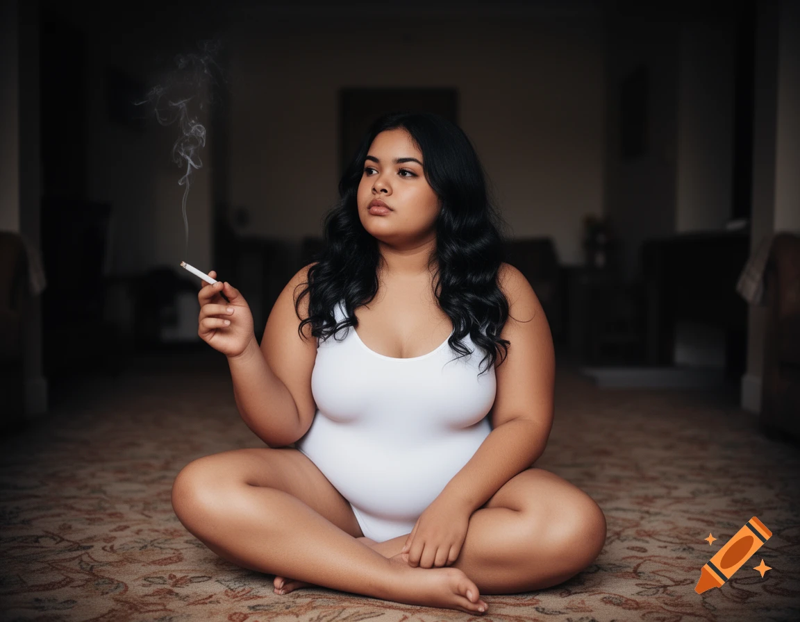 A photorealistic image of a woman with black hair, wearing a white leotard, sitting cross-legged on a carpet, and smoking a cigarette.