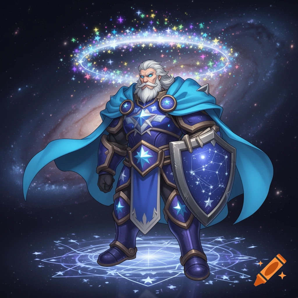 A fantasy warrior in blue and gold celestial armor with a white beard, holding a star-patterned shield, under a sparkling star halo against a galaxy background.