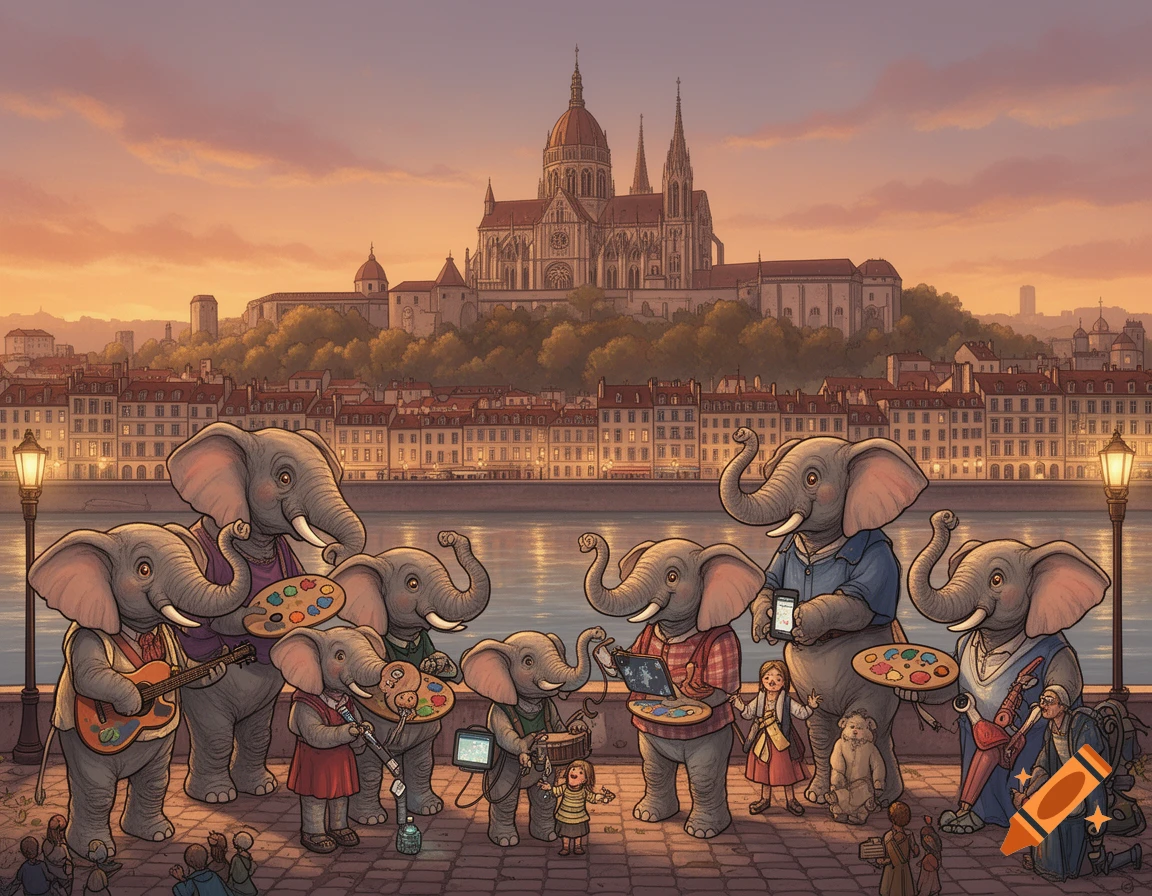 A group of anthropomorphic elephants play instruments and paint by a river with a city and large cathedral in the background at sunset, in a detailed illustration style.