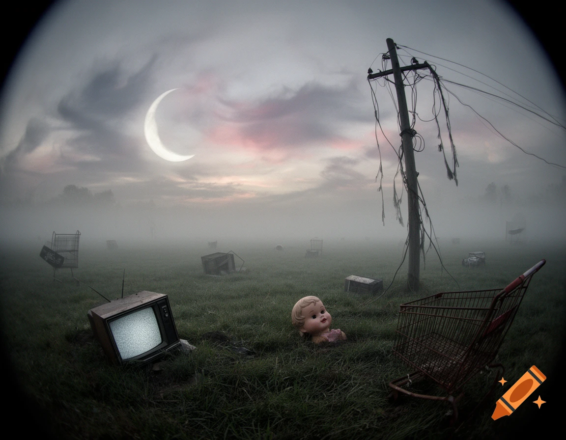 A surreal, desolate weirdcore scene with a crescent moon over a foggy field, scattered with a broken TV, shopping carts, a power pole, and a doll's head.