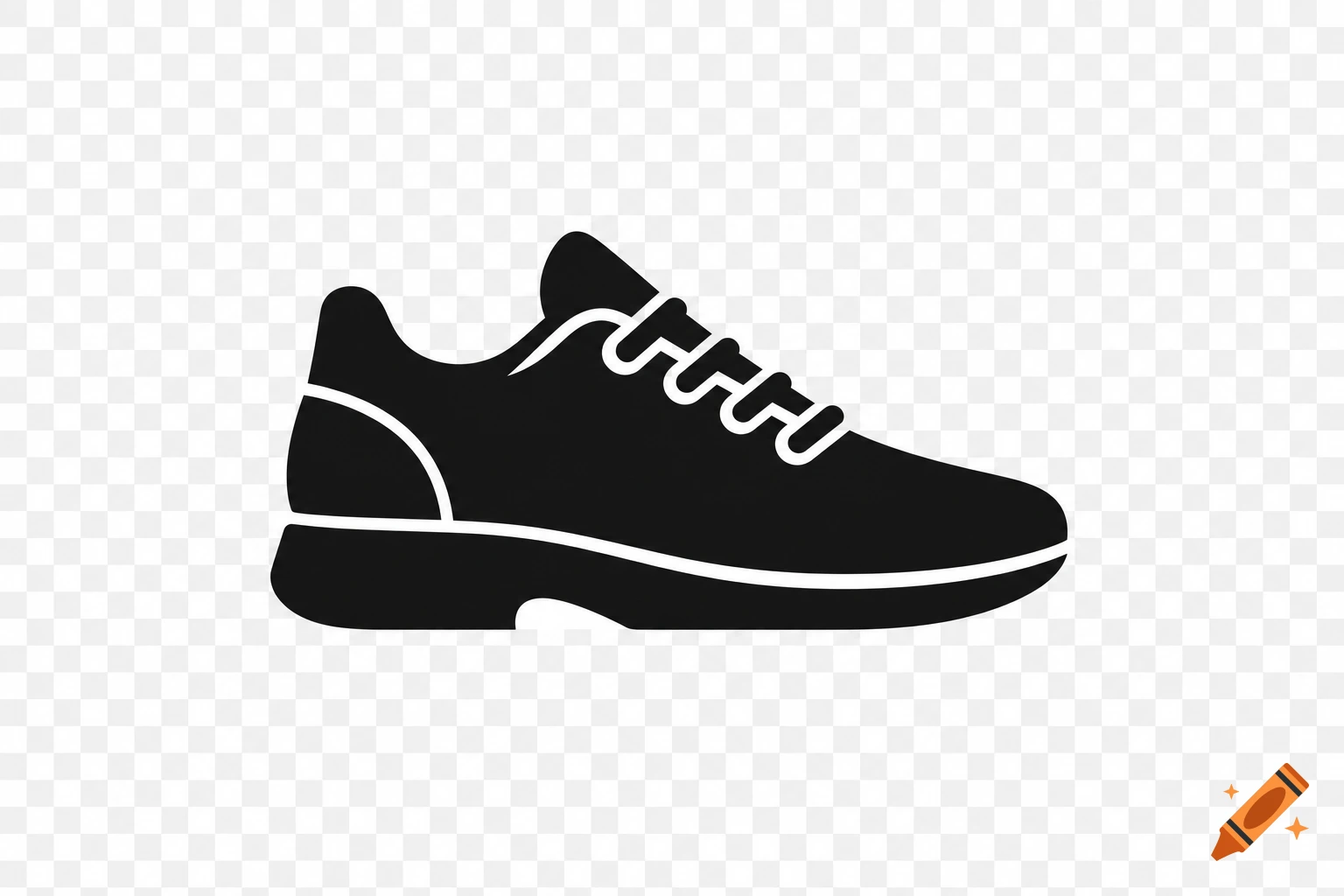 Minimalist black sneaker icon with white laces and sole details on a transparent background.