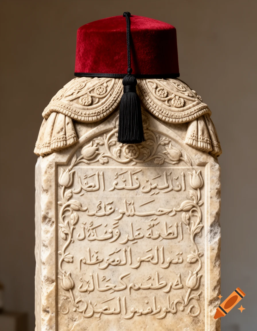 A detailed historical Ottoman tombstone of light limestone, topped with a red fez and black tassel, featuring carved Arabic-Ottoman calligraphy and floral patterns.
