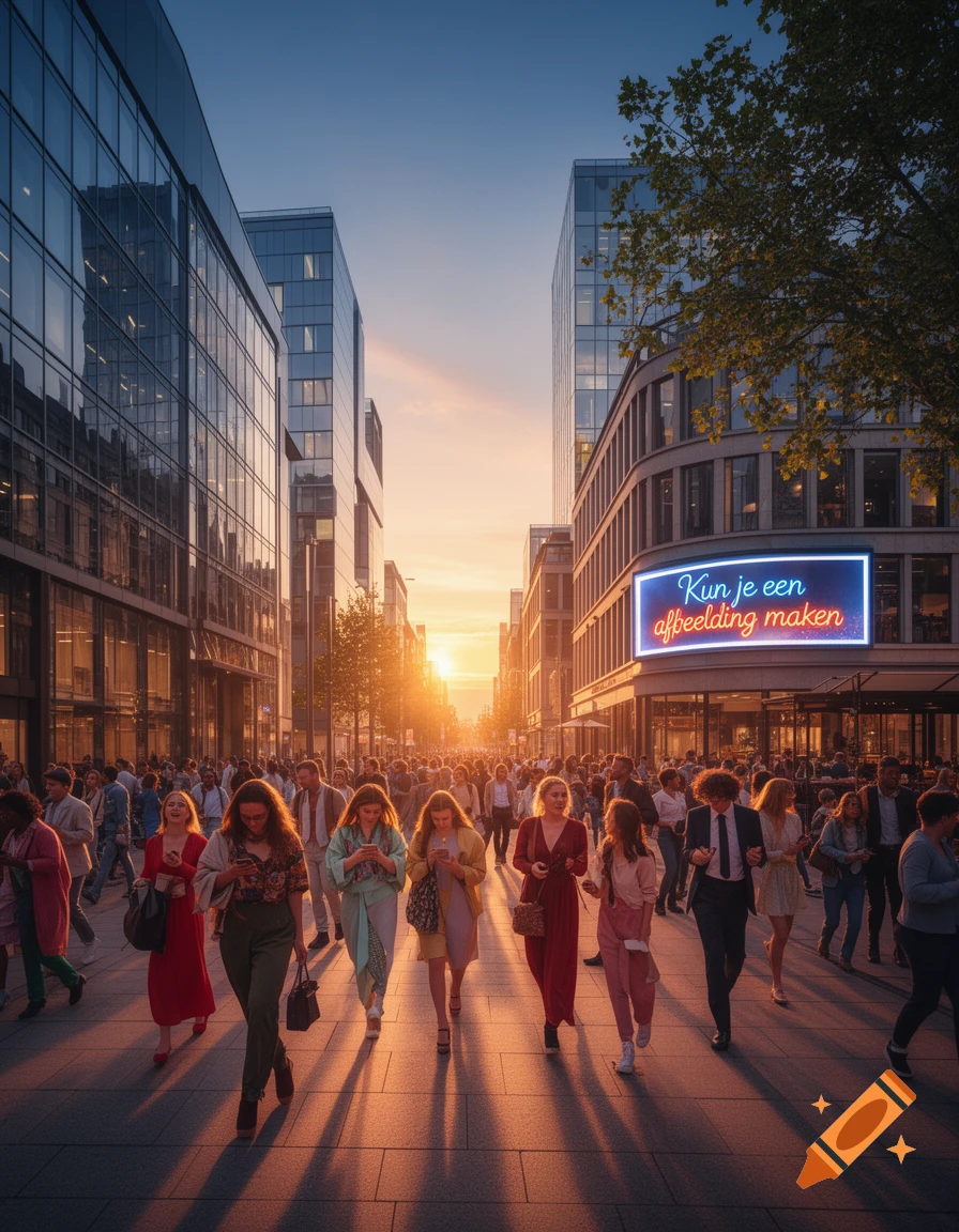 A busy city street at sunset, filled with people walking between modern glass buildings, with a glowing neon sign.
