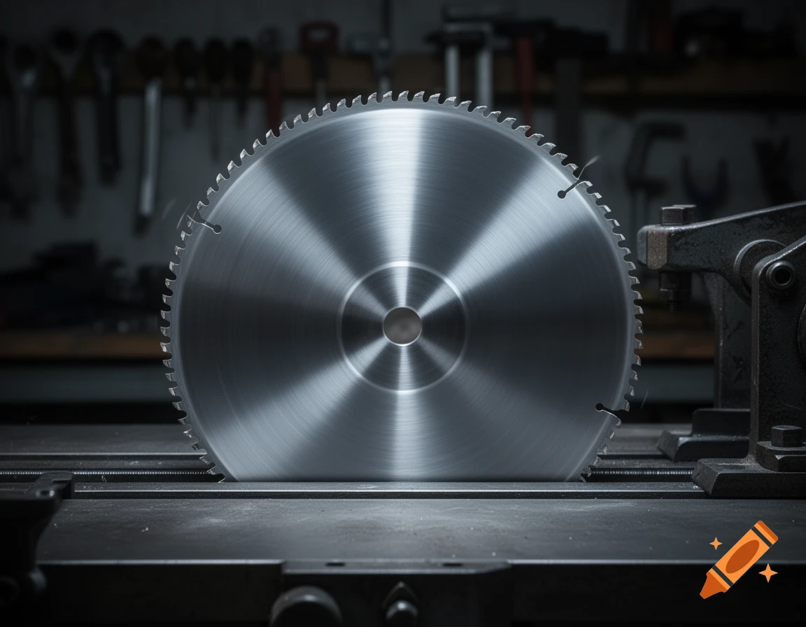 Close-up, side view of a shiny circular saw blade in a dark workshop.