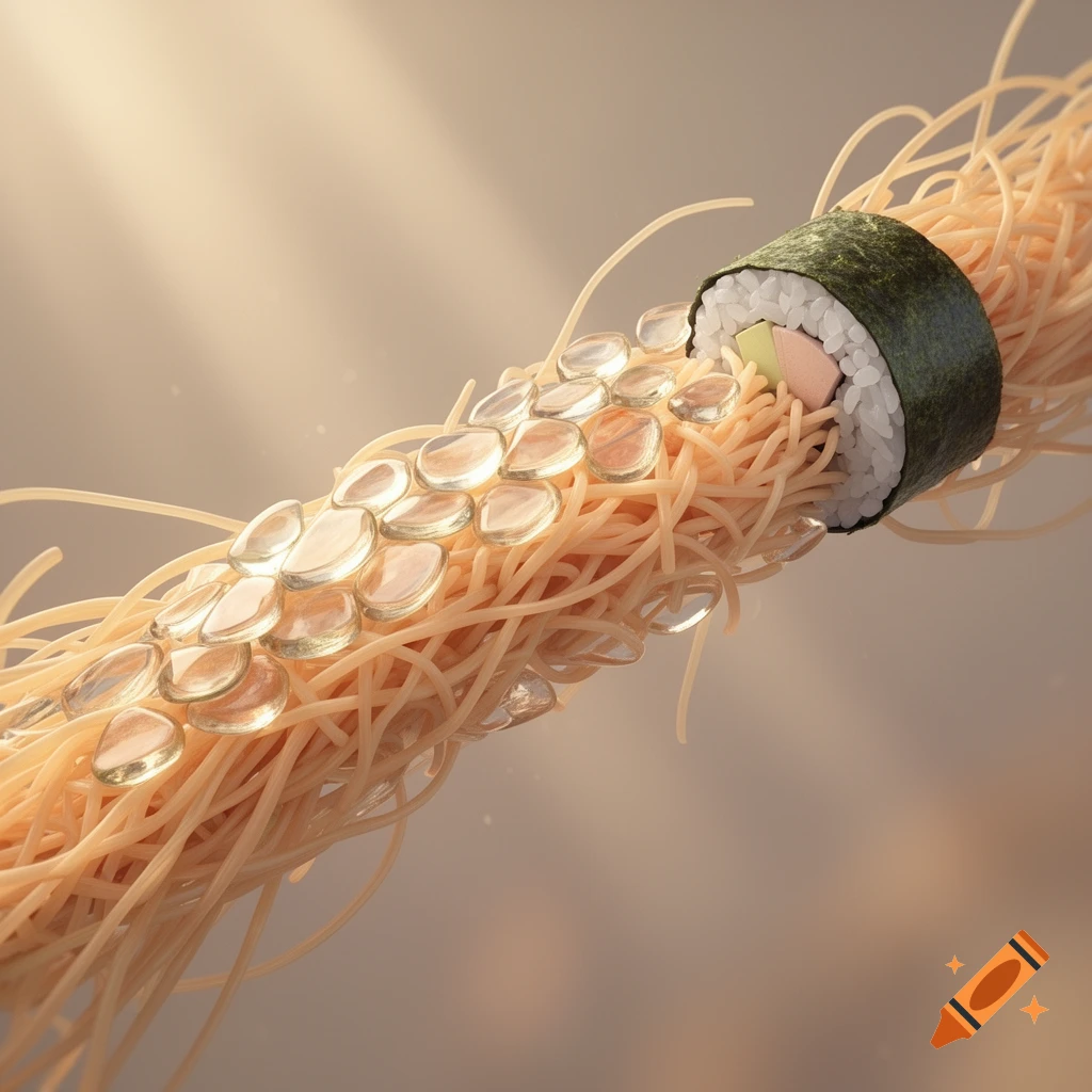 Photorealistic cluster of spaghetti strands covered in clear oval shapes, with a sushi roll embedded at one end.