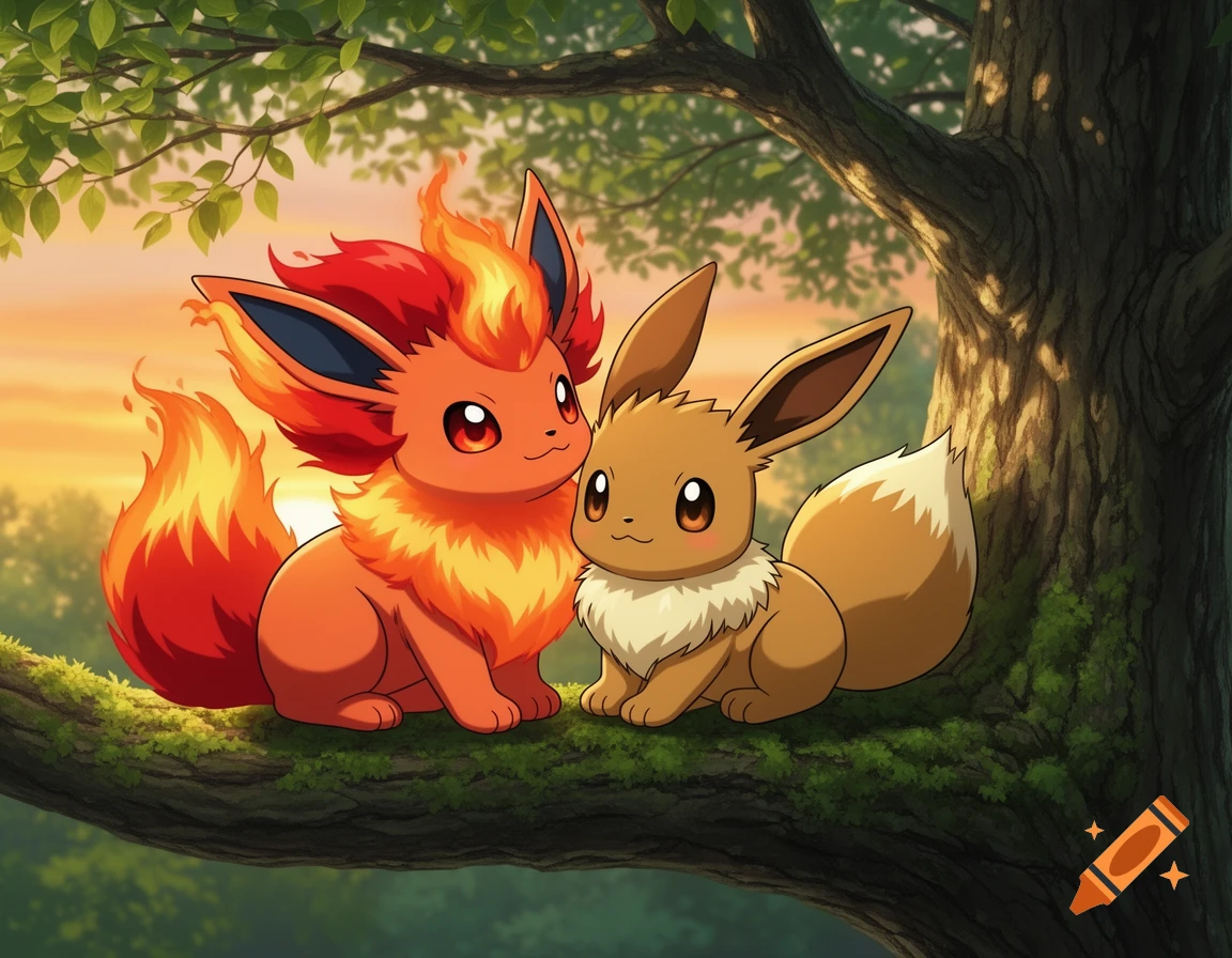 Flareon and Eevee sit side-by-side on a mossy tree branch against a sunset sky in an anime style.