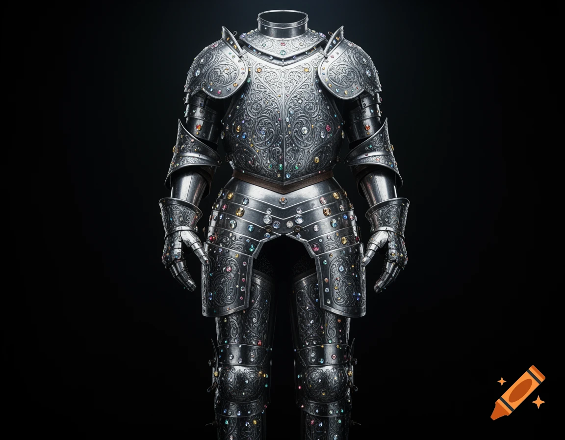 A detailed, ornate full plate suit of armor adorned with numerous colorful rhinestones, set against a dark background.