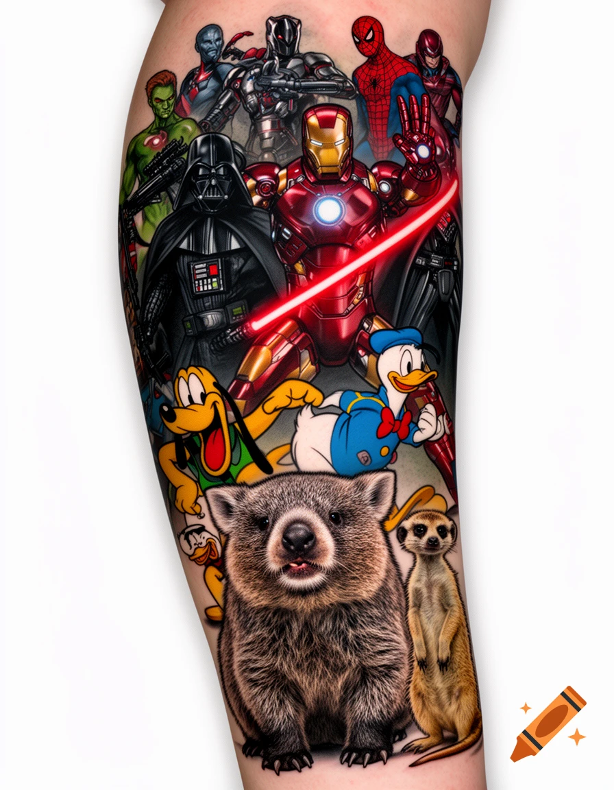 Colorful arm tattoo featuring Marvel and Star Wars characters, Disney's Pluto and Donald Duck, a wombat, and a meerkat.