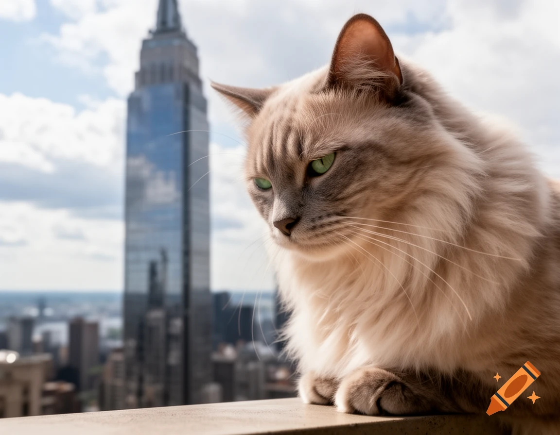 A fluffy cat with green eyes looks down from a high ledge, with a blurry skyscraper and city skyline in the background.