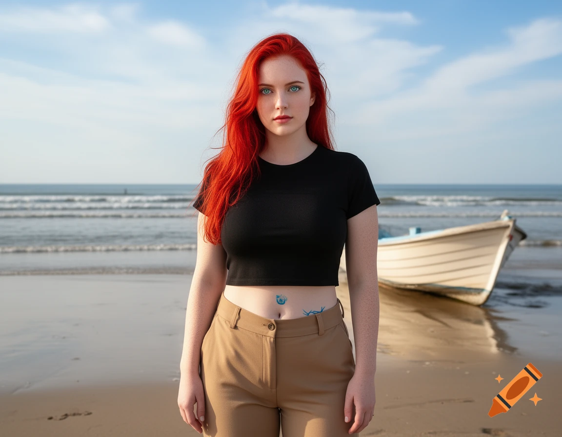 Red-haired woman in a black crop top and tan slacks stands on a beach with a boat, looking at the viewer.
