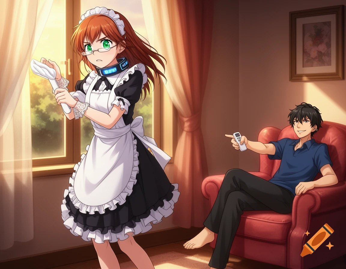 An anime woman in a maid outfit with an electronic collar looks frustrated, holding a white cloth. A man points a remote at her from a red armchair.