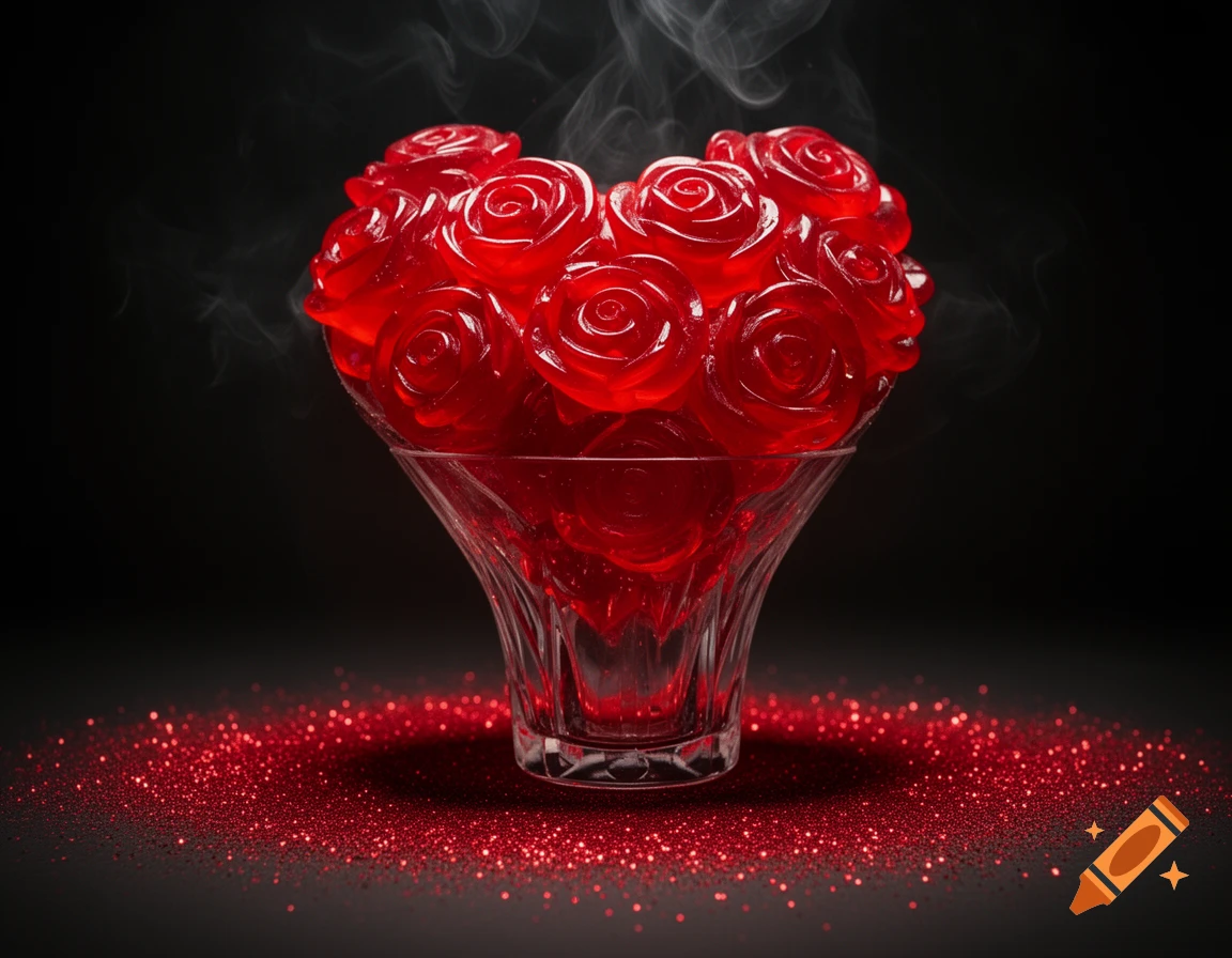Heart-shaped bouquet of red jelly roses in a glass vase, surrounded by red glitter and smoke on a dark background.