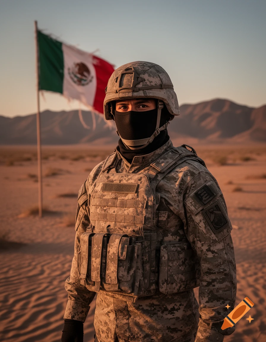 A masked Mexican soldier in a camouflage uniform stands in a desert with the Mexican flag behind him at sunset.