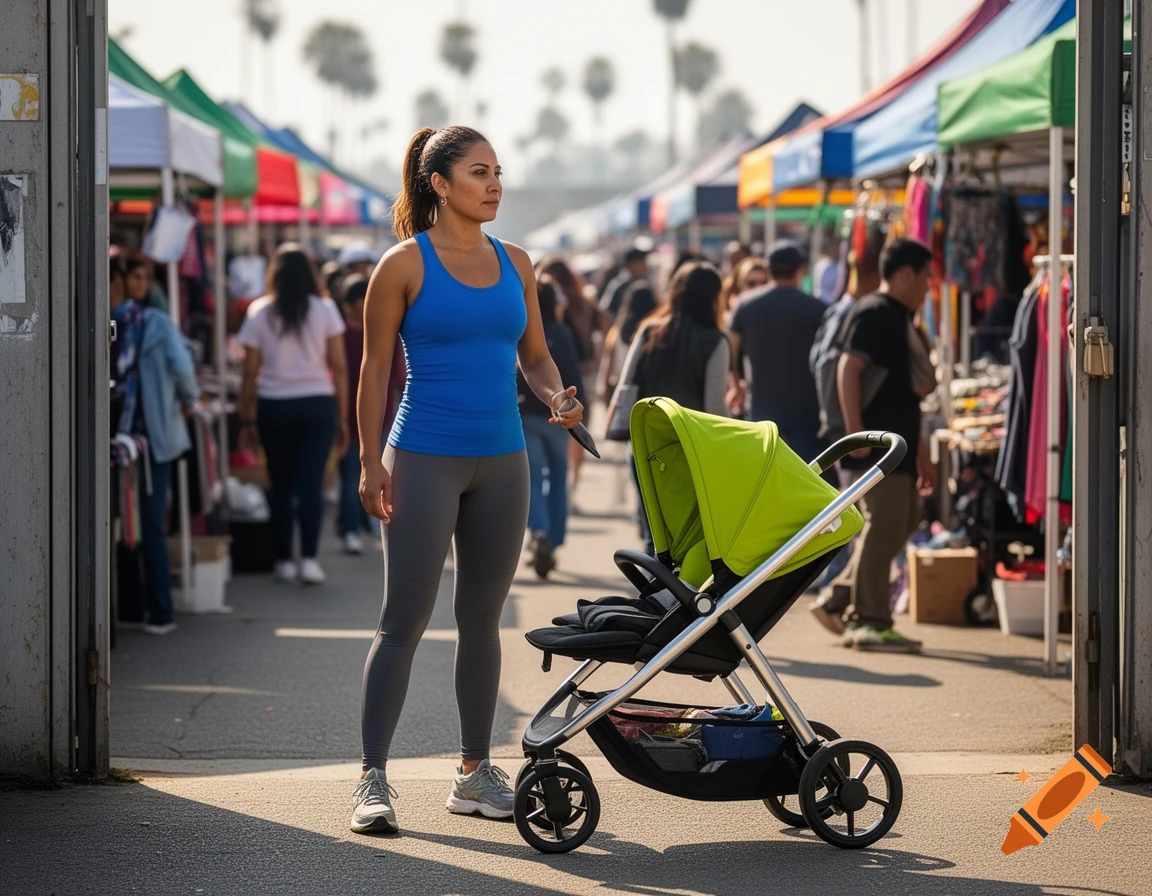 An athletic Latina mother in a blue top and grey leggings stands next to a lime green stroller at the entrance of a bustling outdoor market.