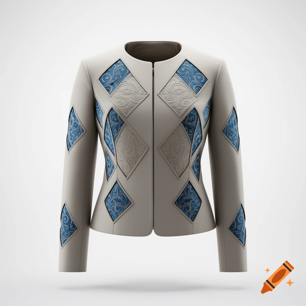A stylish round-neck beige jacket with diamond-shaped cutouts revealing blue fabric with delicate embroidery. Photorealistic studio shot.