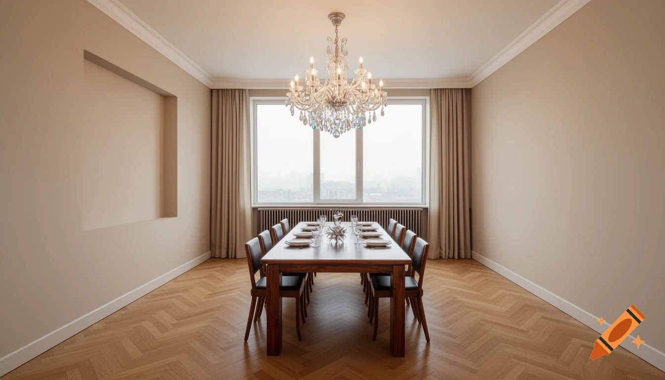 Photorealistic dining room with a long table, ten chairs, crystal chandelier, large window, herringbone floor, and beige walls.