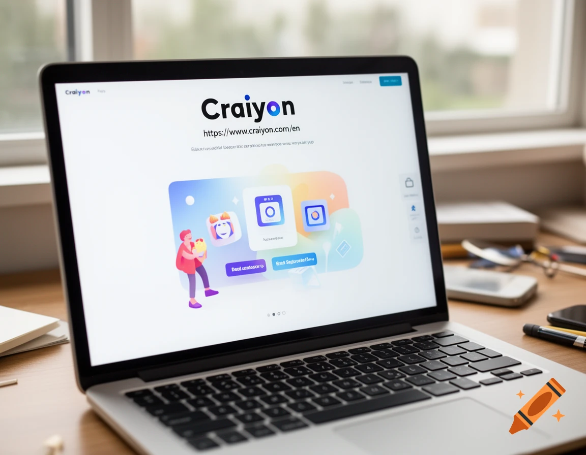 A laptop on a desk displaying the Craiyon website with its logo, URL, and colorful graphics.