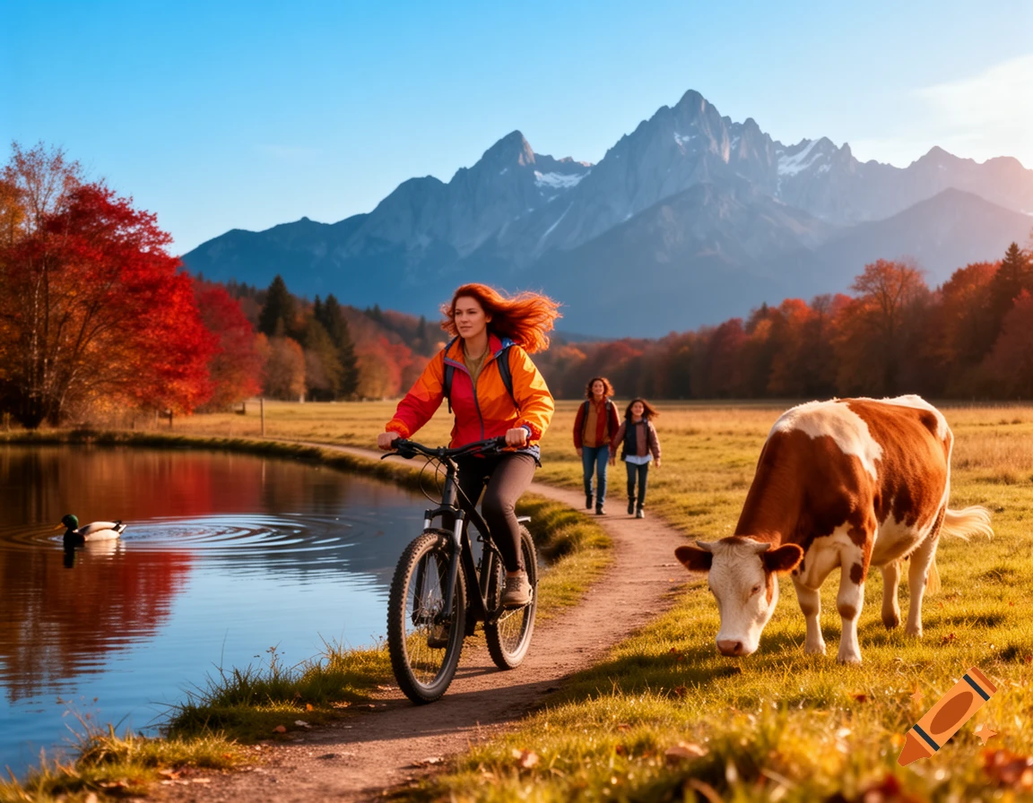 A woman bikes on a dirt path next to a lake with ducks. In the background, two people walk, a cow grazes, and mountains rise under an autumn sky.