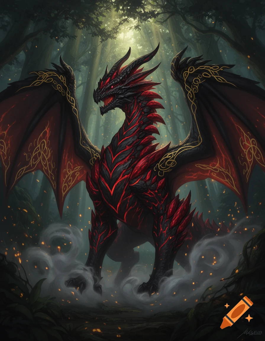 A majestic black dragon with red scales, gold trim, and glowing red eyes stands in a misty, sunlit dark forest.