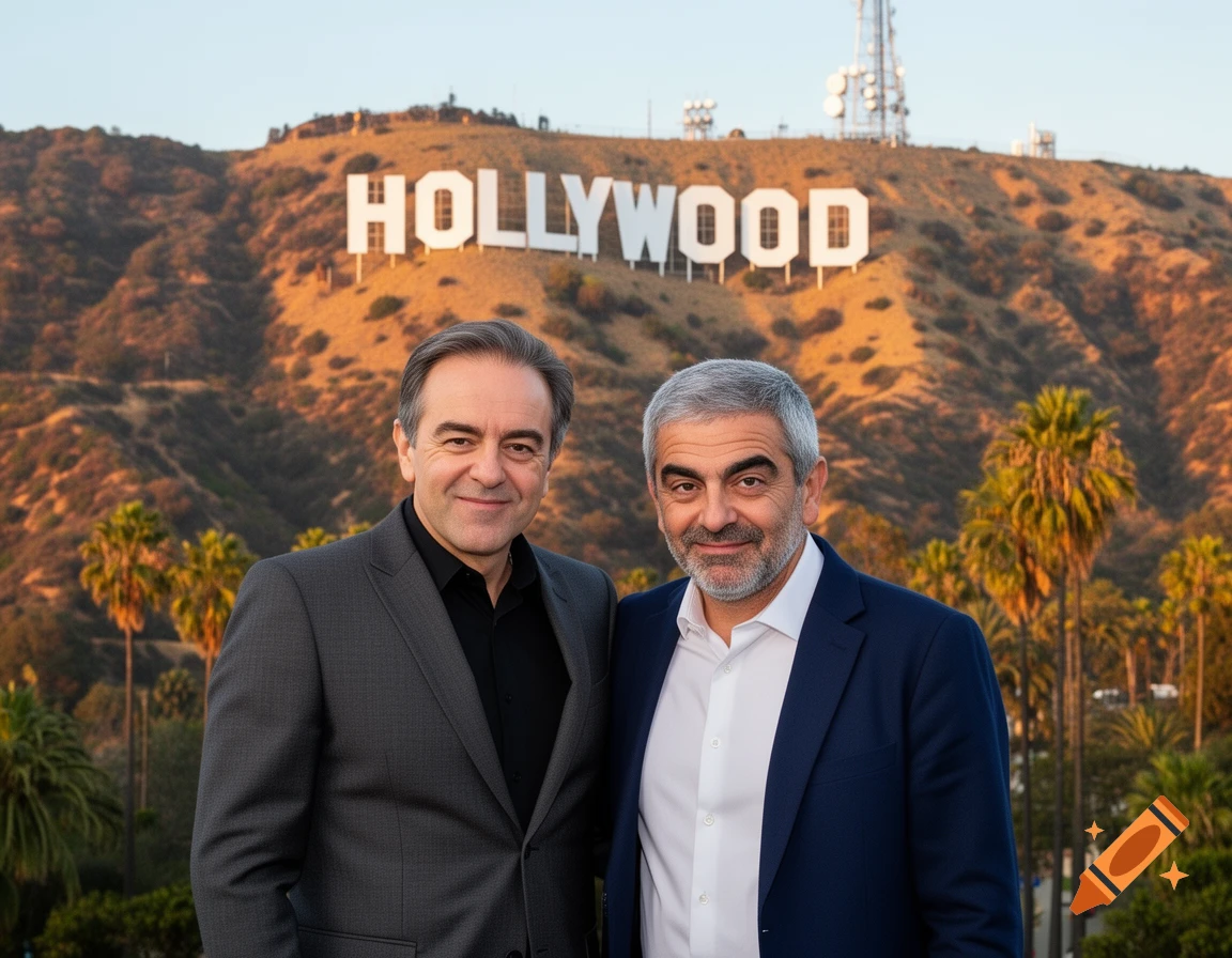 Two men, one in a dark suit and one in a blue suit, smile in front of the Hollywood sign on a sunny day.