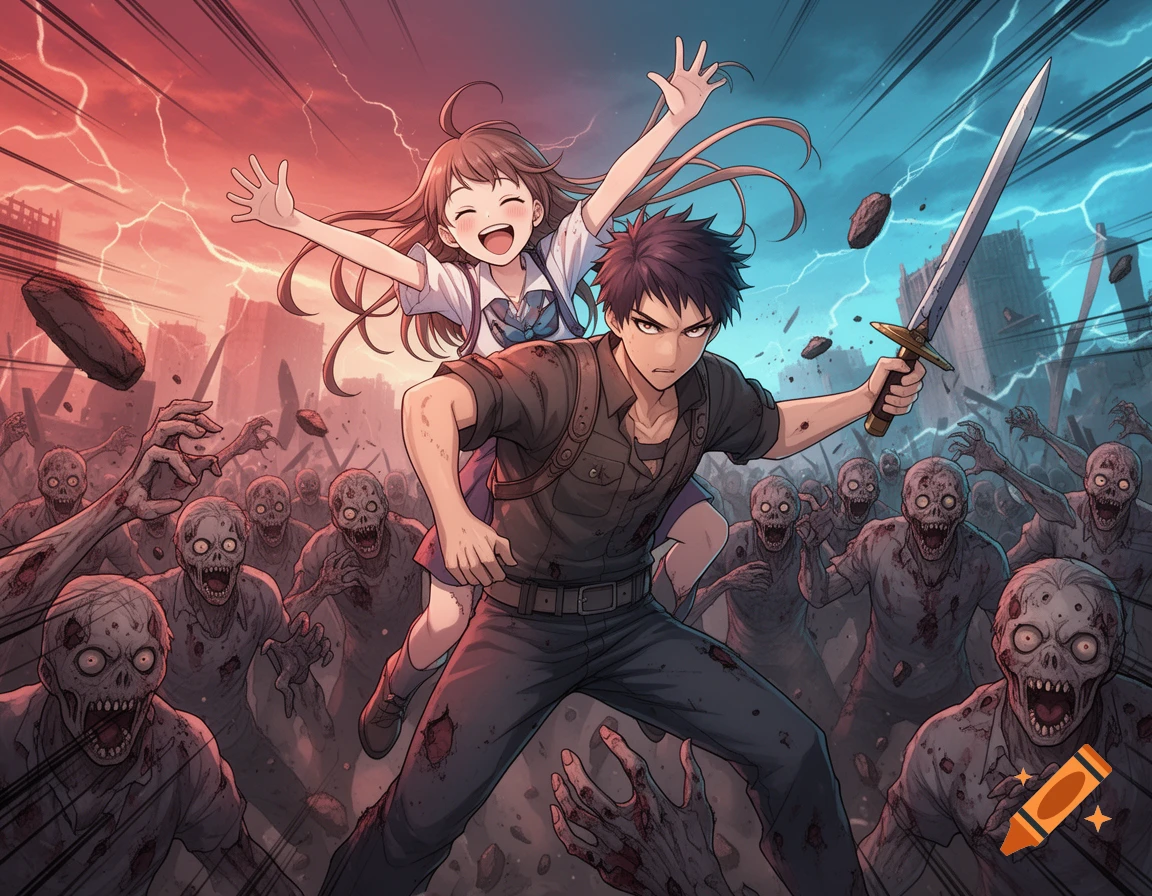 Anime hero with a sword fighting zombies while carrying a happy girl piggyback in a ruined city under a stormy sky.