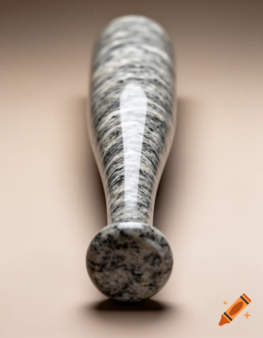 A close-up, top-down view of a shiny, polished pestle made of speckled grey and white granite, against a beige background.