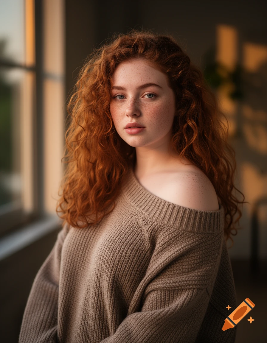 Photorealistic portrait of a young woman with auburn curly hair and freckles, wearing an off-shoulder beige sweater, in warm window light.