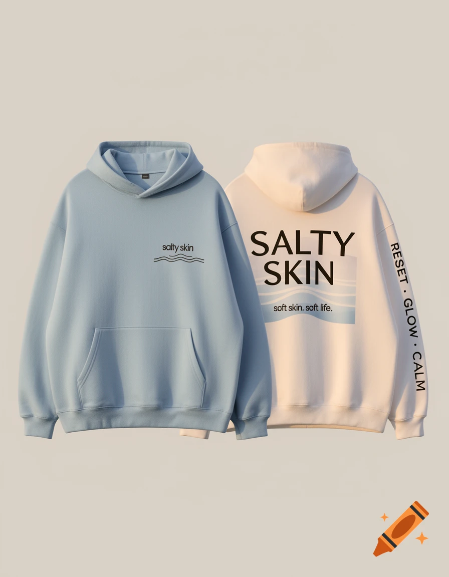 Two pastel hoodies, blue and cream, featuring "salty skin" branding and coastal text elements, against a plain background.