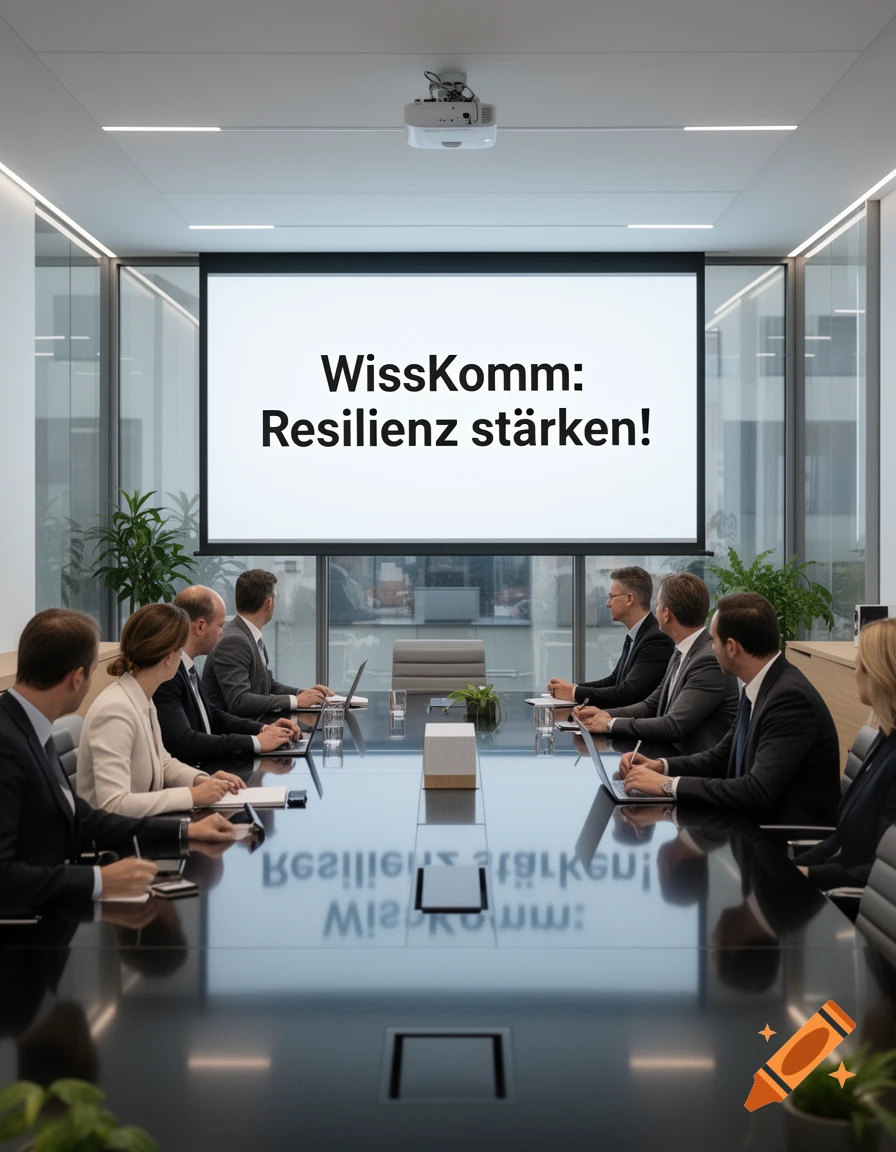 People in business attire attend a corporate meeting in a modern conference room with a projector screen displaying German text.