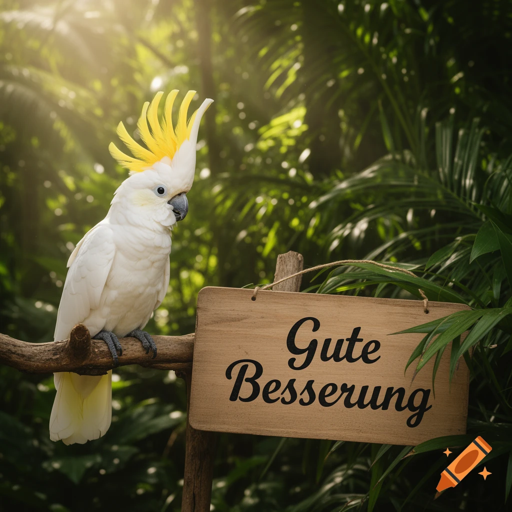 White cockatoo with a yellow crest perched on a branch in a tropical forest, next to a wooden sign with "Gute Besserung" written on it.