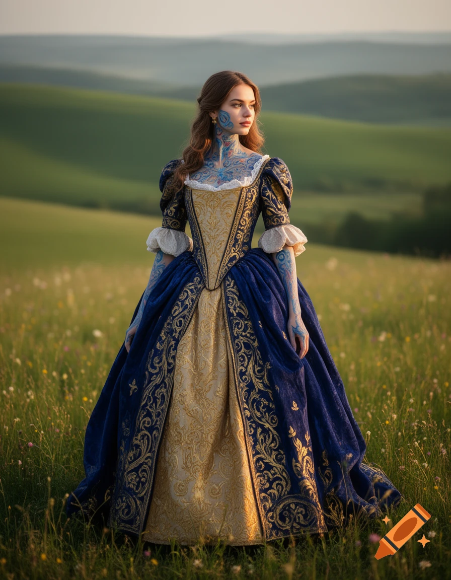 A young woman in an ornate blue and gold historical gown with blue body paint stands in a field of green hills.