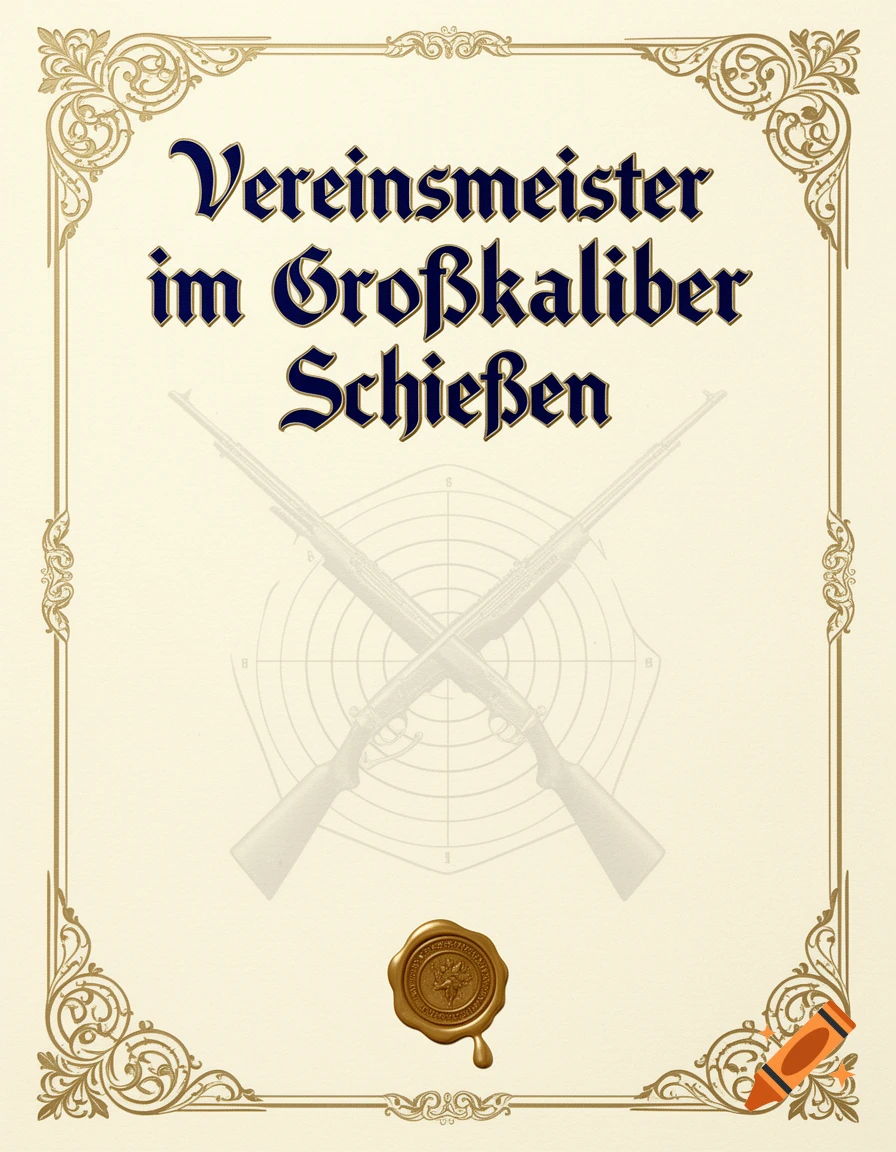A formal certificate with ornate gold borders, dark blue German text 'Vereinsmeister im Großkaliber Schießen', crossed rifles, target, and a gold wax seal.