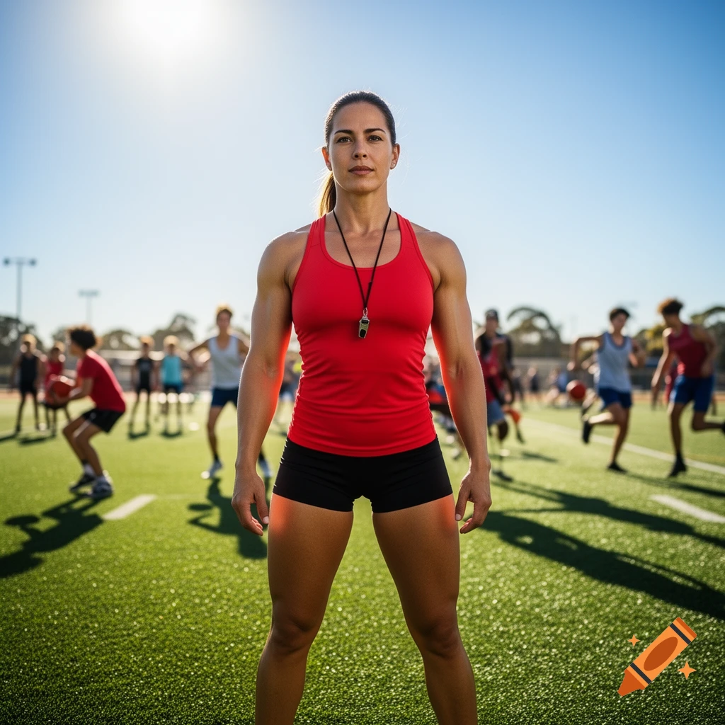 A strong, confident woman in a red tank top and black shorts stands on a green sports field with people in the background under a clear sky.