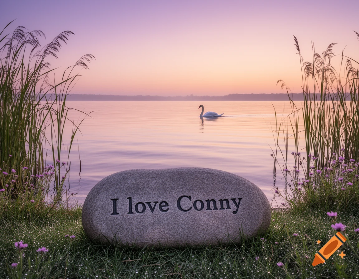 A serene lake scene at sunset with a swan, tall grass, and a rock engraved with 'I love Conny' in the foreground.