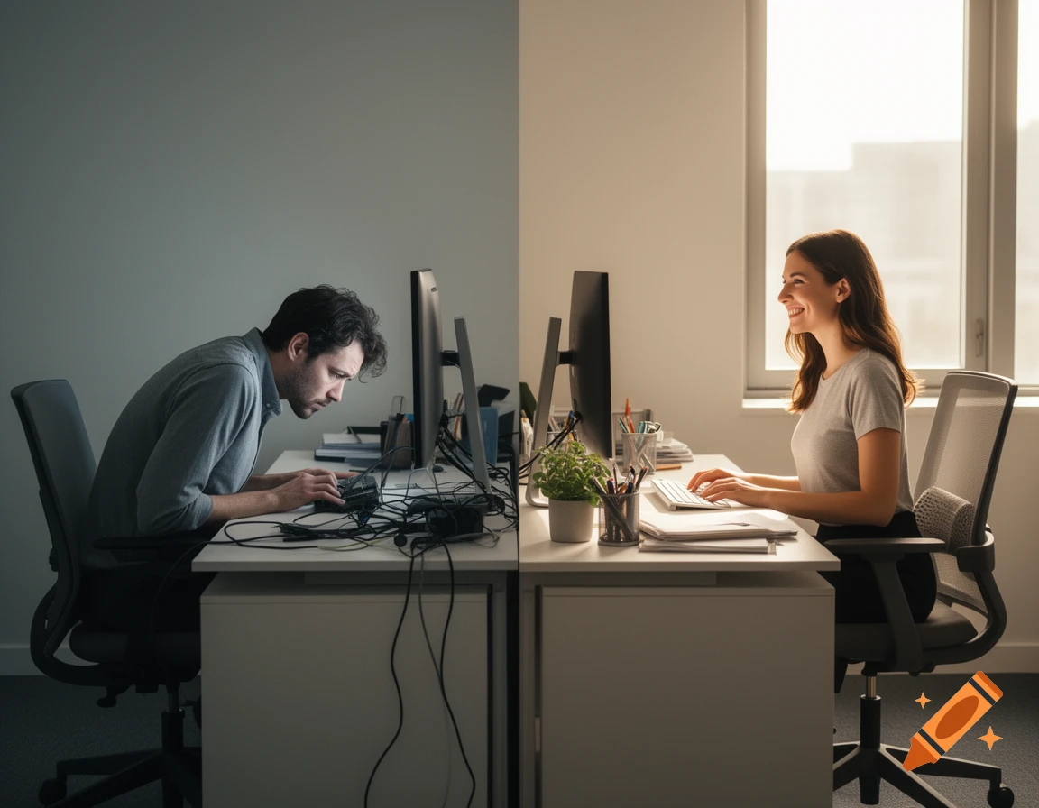 A man hunched over a computer in a dim office next to a smiling woman at a computer in a bright office.