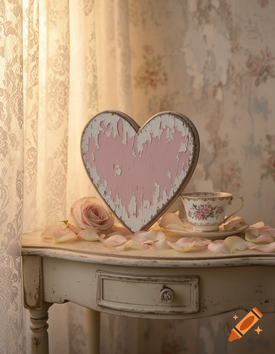 A distressed pink wooden heart, a pink rose, and a floral teacup on a shabby chic white table with lace curtains.