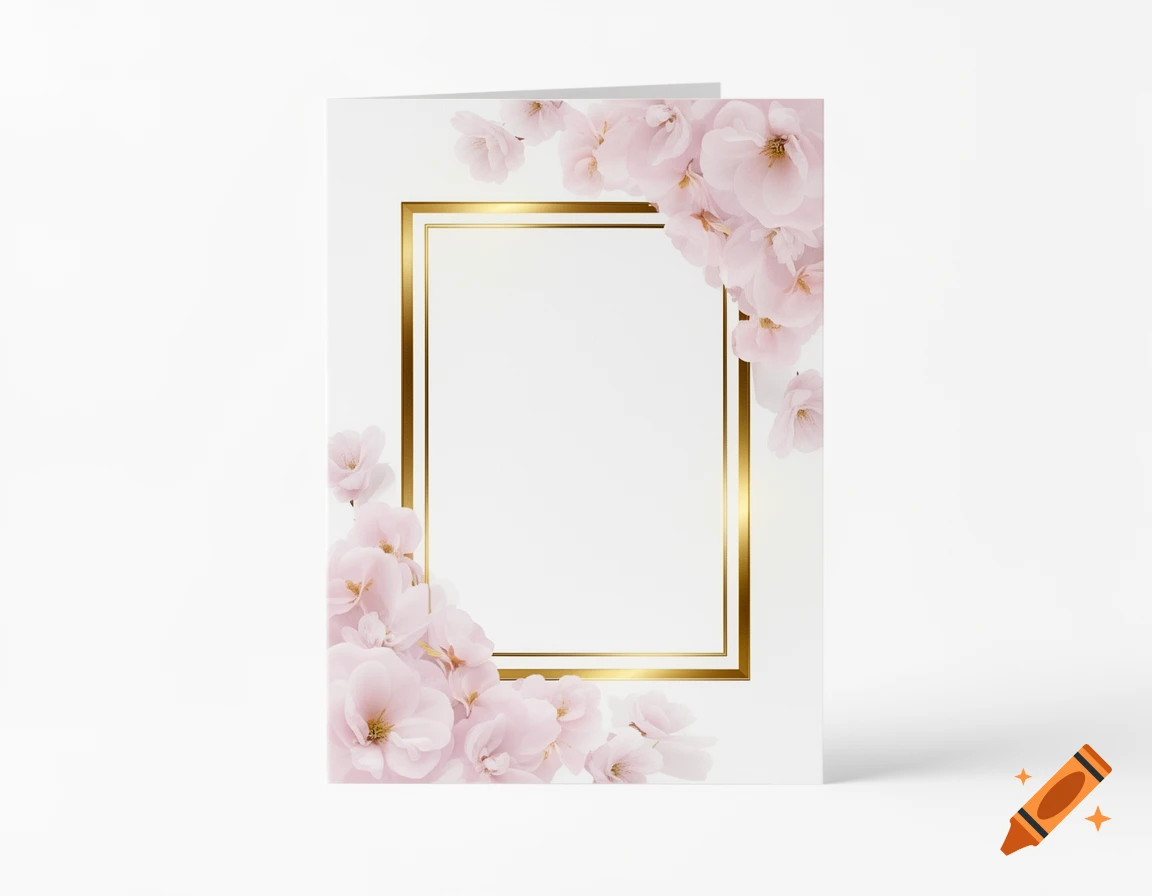 A blank white greeting card with light pink flowers and a golden rectangular frame.