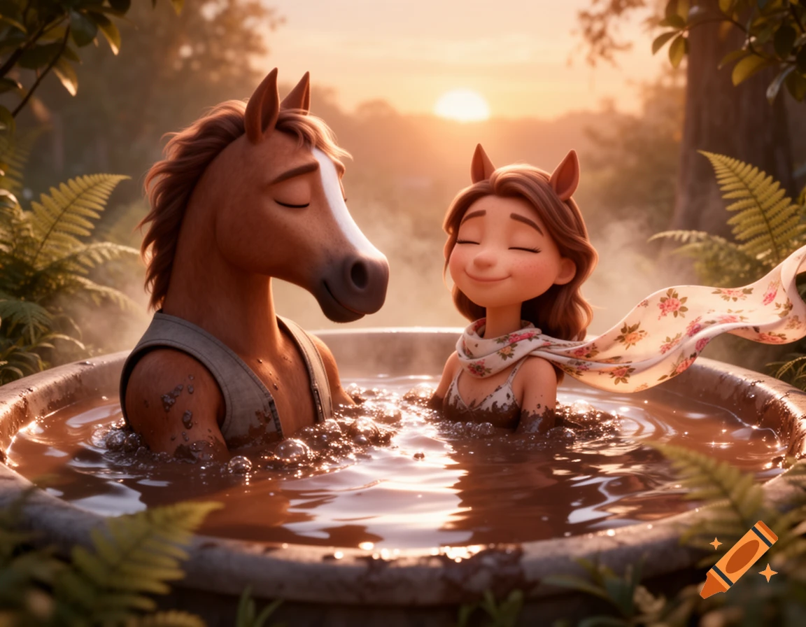 An anthropomorphic horse and a girl with horse ears happily relax in a mud hot tub in a forest at sunset, in 3D animation style.