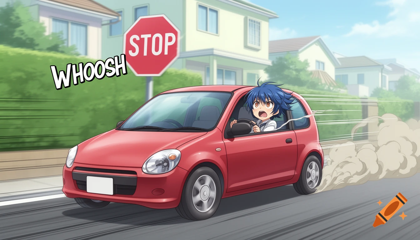 An anime character in a red car speeds past a stop sign with 'STOP' text on a residential street, with a 'WHOOSH' sound effect.