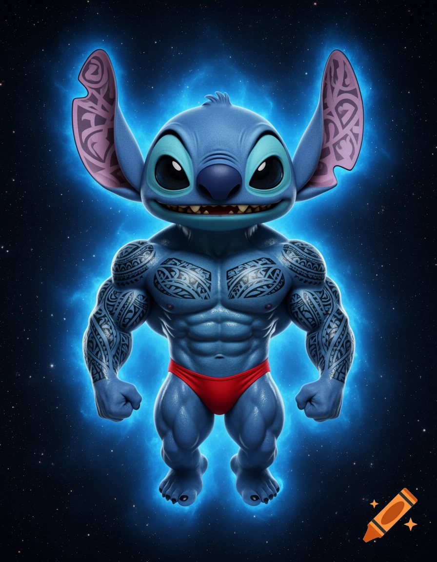 Heavily muscled, tattooed Stitch in a red thong, glowing blue and floating in front of a starry night sky.