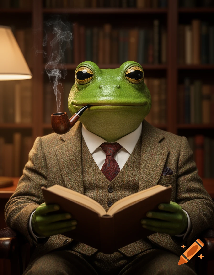 A sophisticated anthropomorphic frog wearing a tweed suit and tie, smoking a pipe, reads a book in a dimly lit library.