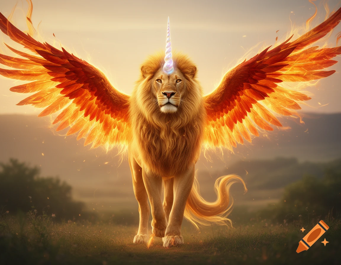 A majestic golden lion with fiery orange wings and a shimmering pearlescent unicorn horn stands in a grassy field at sunset.