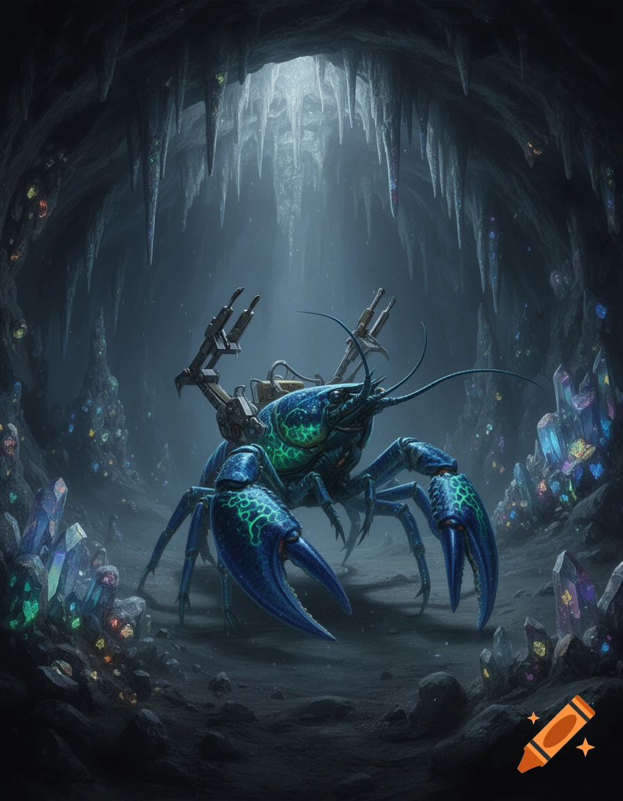 A glowing blue and green alien crayfish with mechanical gear on its back stands in a dark, crystal-filled cave.