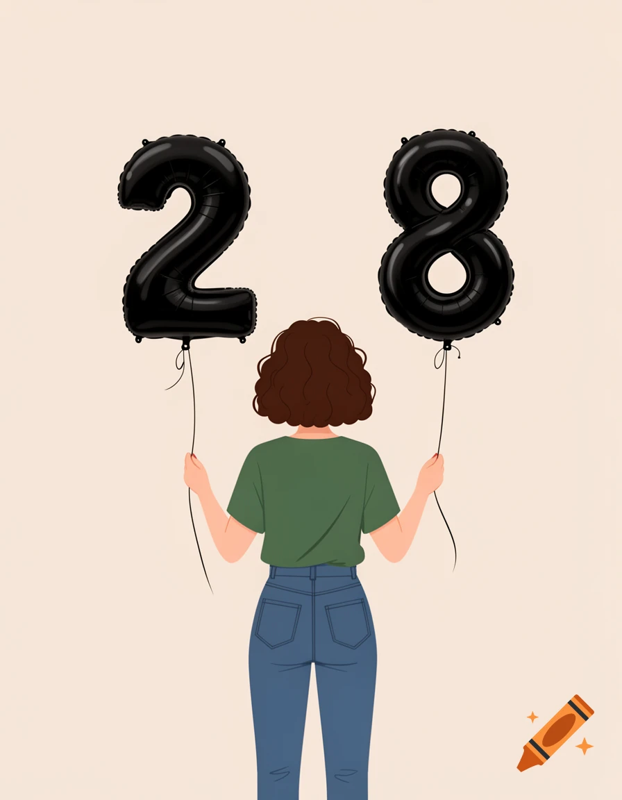 A minimalist vector illustration of a woman from behind holding black number 2 and 8 balloons against a pastel beige background.
