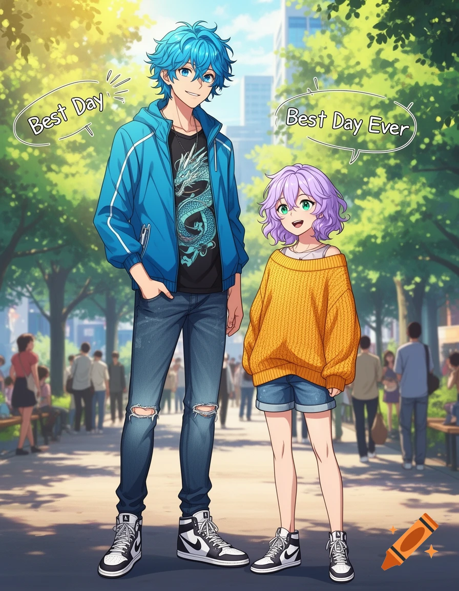 An anime boy with blue hair and a girl with purple hair smile in a sunny park, with speech bubbles saying "Best Day" and "Best Day Ever".