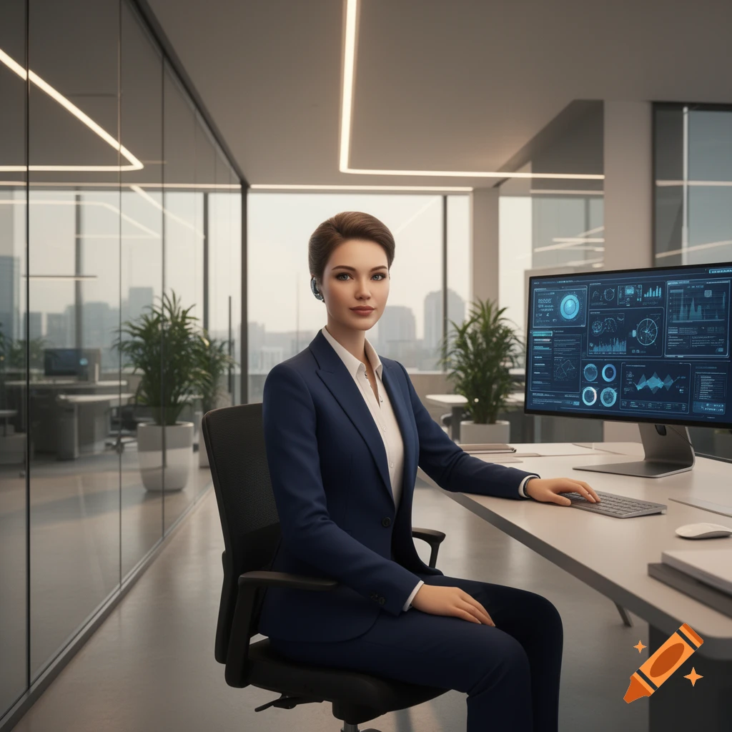A professional woman in a blue suit sits at an office desk with a large monitor displaying data, in a modern office.